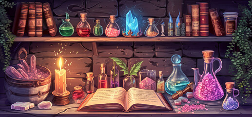 Illustration of occult magic magazine and shelf with various potions, bottles, poisons, crystals, salt. Alchemical medicine concept	
 - obrazy, fototapety, plakaty