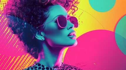 trendy 80s style woman portrait in neon colors, color blobs
