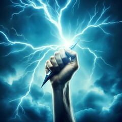Hand holding up a lightning bolt. Energy and power. Stormy background. Blue glow. Zeus, thor. - obrazy, fototapety, plakaty