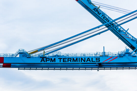 Newark, NJ, USA - View of the blue gantry cranes elements in the APM container terminal owned by Maersk.