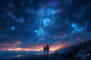Fototapeta premium Couple standing on beach beneath star-filled night sky