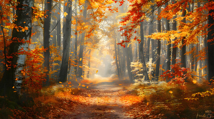 A peaceful forest landscape bathed in the warm colors of autumn, with leaves of red, orange, and...