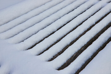Fresh Snow on Wooden Slats Close-Up