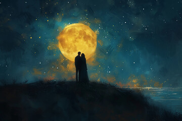 Painting featuring two people couple standing in front of bright full moon in starry night sky - obrazy, fototapety, plakaty