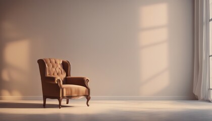 Classic English armchair on the background of an empty wall. Sunset light on the wall