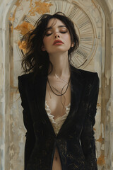 Woman dressed in black suit wearing necklace