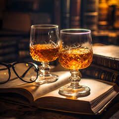 A pair of old-fashioned glasses on an open book.  - obrazy, fototapety, plakaty