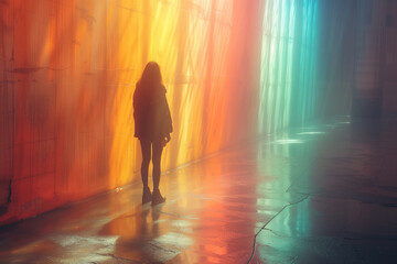 Woman stands before vibrant curtain displaying rainbow colors