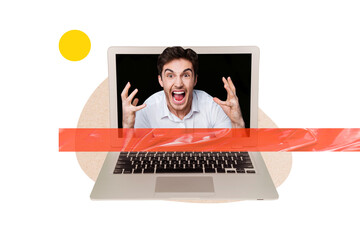 Photo collage picture young screaming man problem trouble furious aggression laptop screen display...