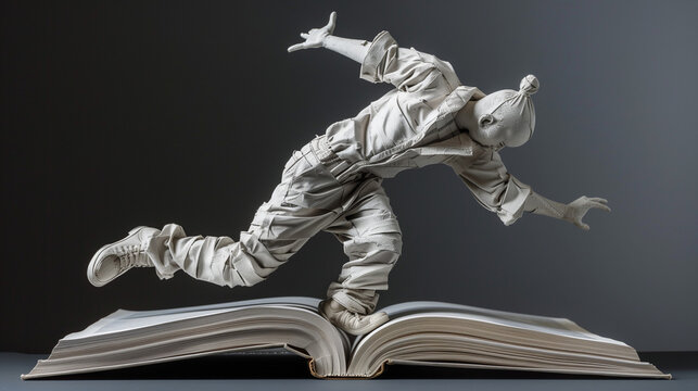 a book page sculpture of a breakdancing figure, dynamically captured in mid-motion against a dark background.