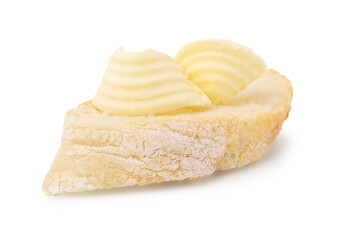 Tasty butter curl and slice of bread isolated on white