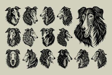 Obraz premium Barking borzoi dog head silhouette design template set