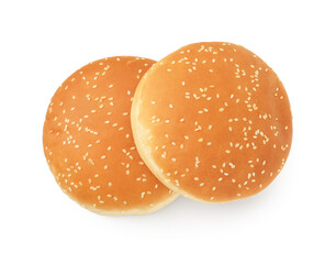 Fresh hamburger buns isolated on white, top view