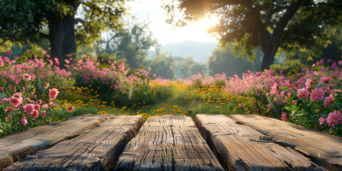 A wood table on spring wheter behind