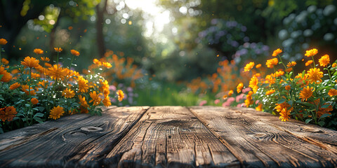 A wood table on spring wheter behind