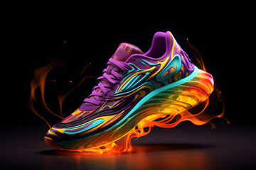 Creative bright sneakers in neon colors isolated on black background. Sport footwear