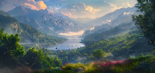 A peaceful valley bathed in the soft light of dawn, with mist rising from the forest floor and birds chirping in the distance - obrazy, fototapety, plakaty