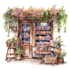 Watercolor Floral Bookstore Clipart 