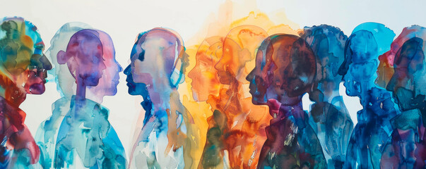 Diverse group of individuals standing closely together, bodies forming a line. They are looking towards camera with neutral expressions, displaying different heights, ages, genders. Banner. Copy space