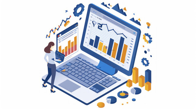 Vector illustration of a woman analyzing FX chart on PC in flat 2D style, isolated on white.generative ai