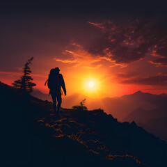 A silhouette of a person hiking against a sunset. 