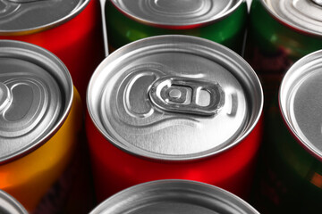 Energy drinks in cans, closeup. Functional beverage