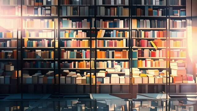 Against the glass the bookshops meticulous organization of titles creates an eyecatching combination of shapes and colors tempting passersby to browse the shelves.