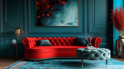 an AI to create a visually appealing representation of a modern living room with a chic red curved tufted sofa 