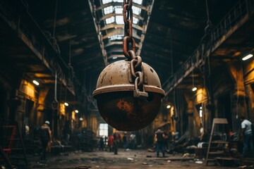 A Massive Overhead Crane Hook Suspended in Mid-Air at a Bustling Industrial Site, Symbolizing the Power of Heavy Machinery - obrazy, fototapety, plakaty