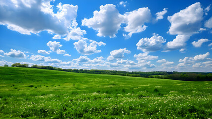 A picturesque summer landscape with rolling hills, lush green fields, and a clear blue sky dotted with fluffy white clouds
