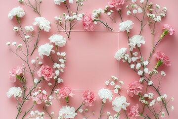 Flowers composition. Frame made of carnation flowers on pink background. Flat lay, top view, copy space. Mother's Day, Woman's Day, Easter, Valentine's Day, Wedding, and Birthday celebration concept.