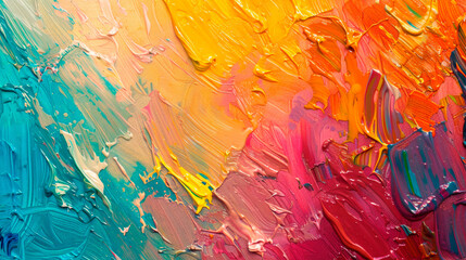 Close-up view of a colorful painting with thick layers of vibrant paint creating a dynamic and textured surface. abstract background with textural gouache strokes. Banner. Copy space - obrazy, fototapety, plakaty