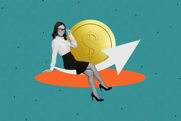 Creative picture collage sitting young attractive lady entrepreneur bitcoin cryptocurrency trader...