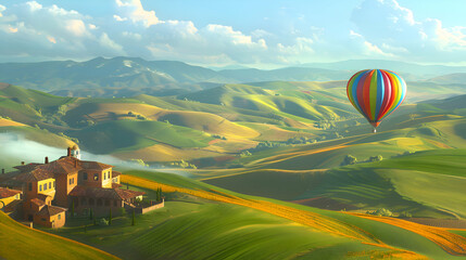 A picturesque summer scene with a colorful hot air balloon floating above a patchwork of green fields and rolling hills - obrazy, fototapety, plakaty