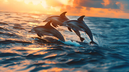 A pod of dolphins leaping joyfully out of the crystal-clear waters of the ocean, framed by a...