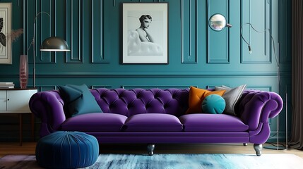 an AI to create a visually captivating representation of a modern living room with a chic purple curved tufted sofa 