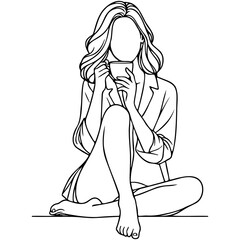 Woman Drink Coffee at Home Sketch Drawing.