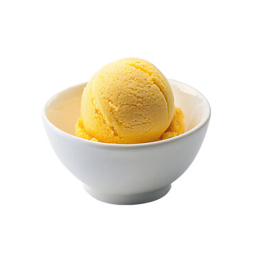 Yellow ice cream in a white bowl. isolated on transparent background.