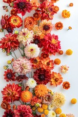 Obraz premium Colorful dahlia flowers on white background. Flat lay, top view. Greeting card for Mother's Day, Woman's Day, Easter, Valentine's Day, Wedding, and Birthday celebration.