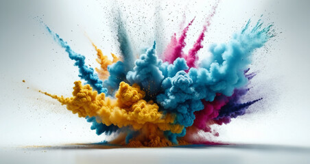 Colorful dust and smoke explosion in an empty white isolated background - Generative AI
