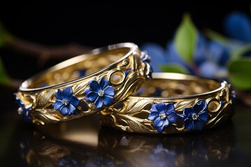 a pair of gold bracelets with blue flowers - obrazy, fototapety, plakaty