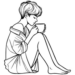 Woman Drink Coffee at Home Sketch Drawing.