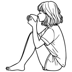 Woman Drink Coffee at Home Sketch Drawing.