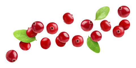 Fresh red cranberries and green leaves flying on white background
