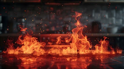 Capturing Fire Safety: High-Quality Image of Red Flames in a Kitchen with a Blurred Living Room Background. Concept Fire Safety, Kitchen Flames, Blurry Living Room, High-Quality Image