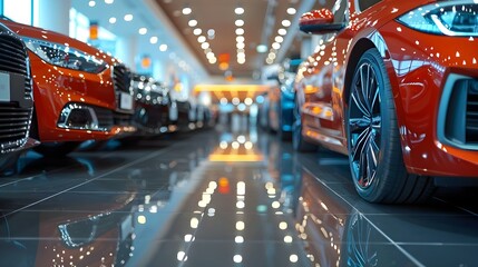 A car dealership showcasing various vehicles in a spacious showroom with bright lighting and sleek design. Concept Car Dealership, Showroom Vehicles, Bright Lighting, Sleek Design, Spacious Interior