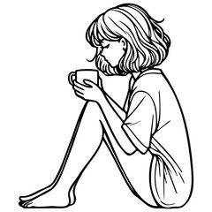 Woman Drink Coffee at Home Sketch Drawing.