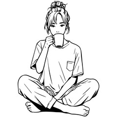 Woman Drink Coffee at Home Sketch Drawing.