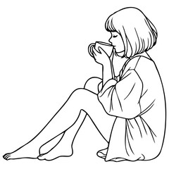 Woman Drink Coffee at Home Sketch Drawing.