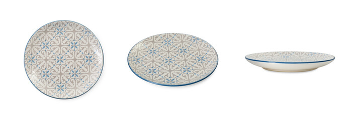 Empty ceramic plate isolated on white, set with different views